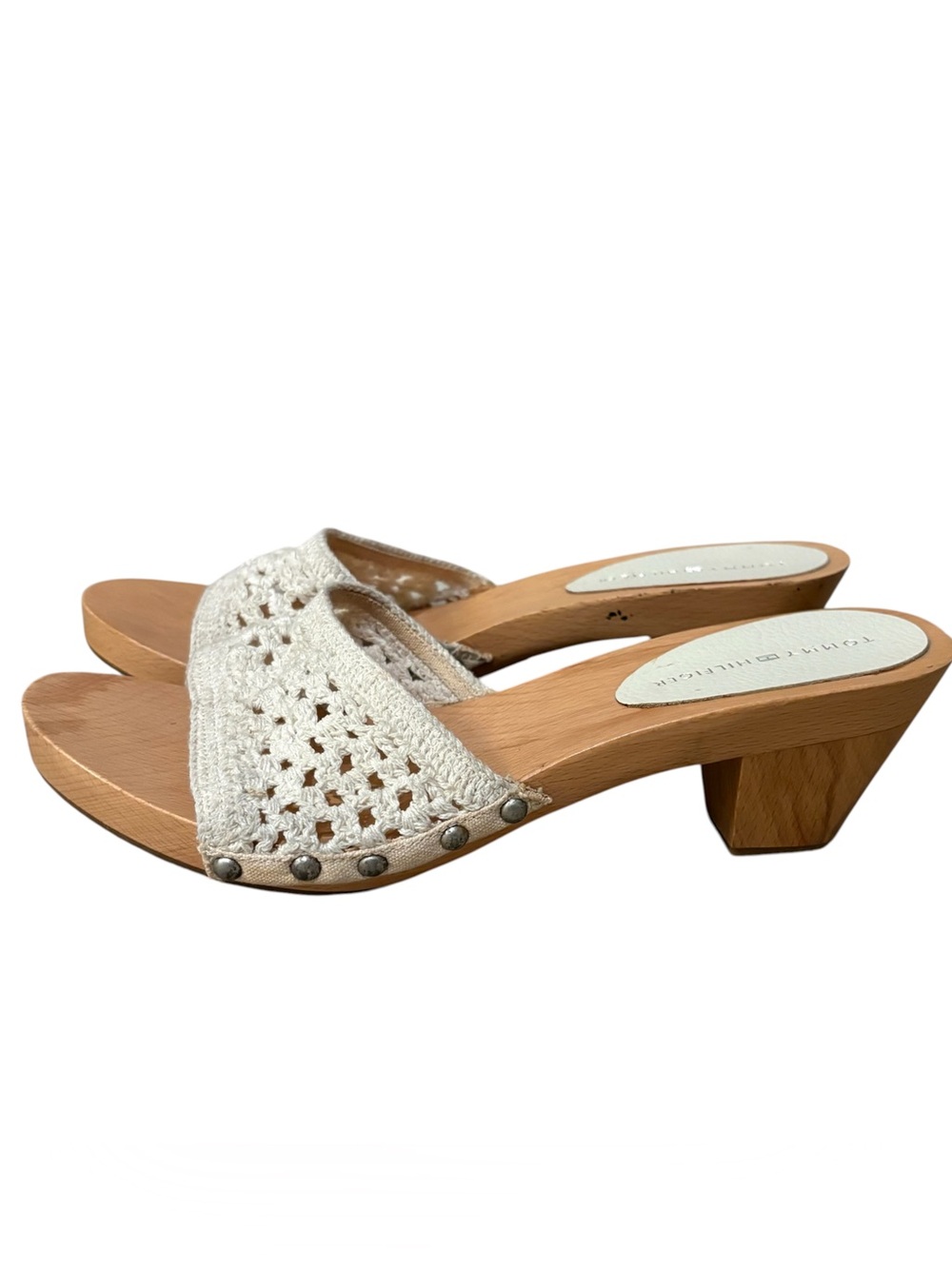 Vintage Tommy Hilfiger Y2K 90s Studded Open Crochet Wooden Block Heels Sz 9.5